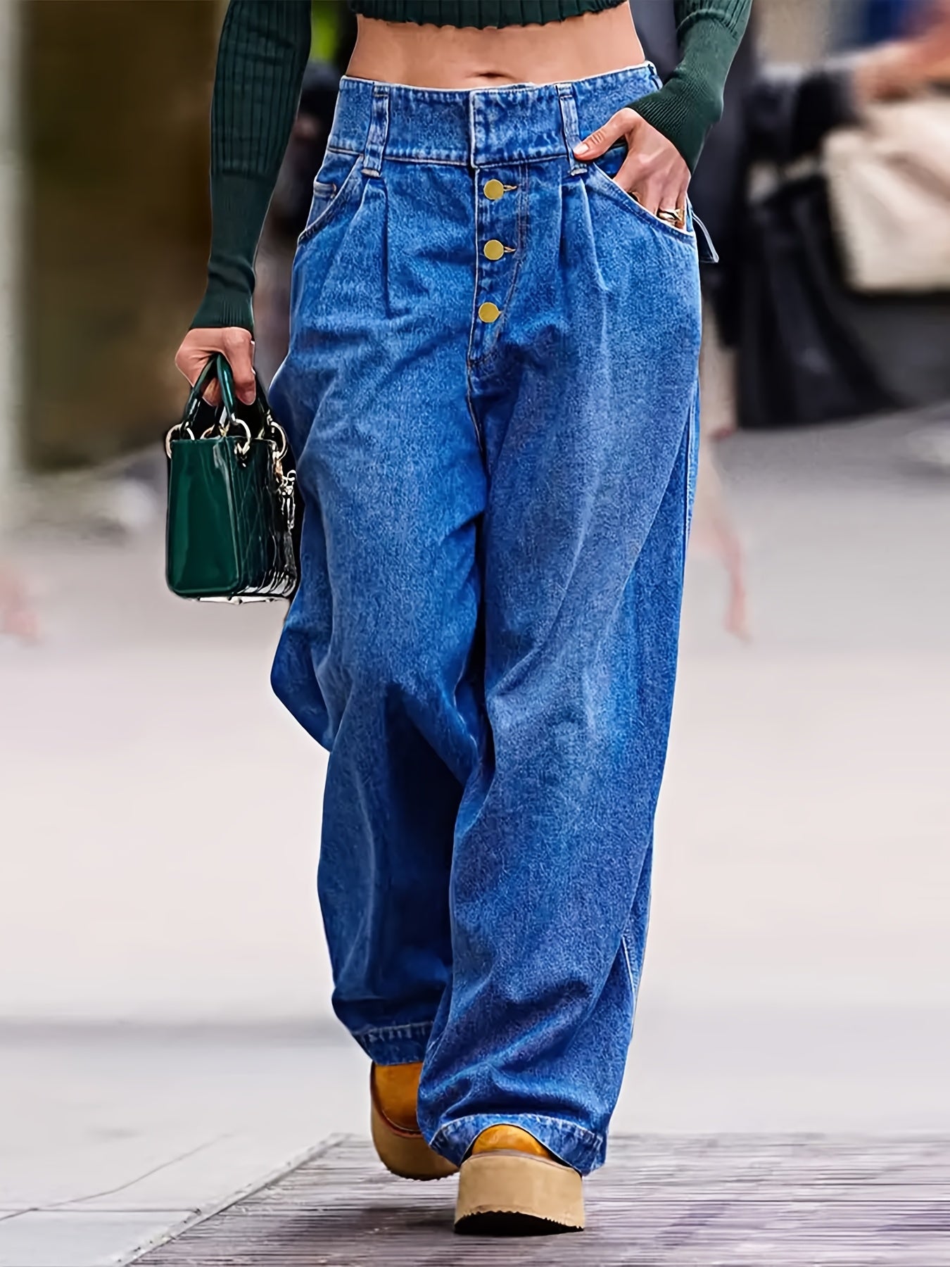 Wide Leg Denim Jeans, High Waist Button Fly, Baggy Pleated Style, Blue